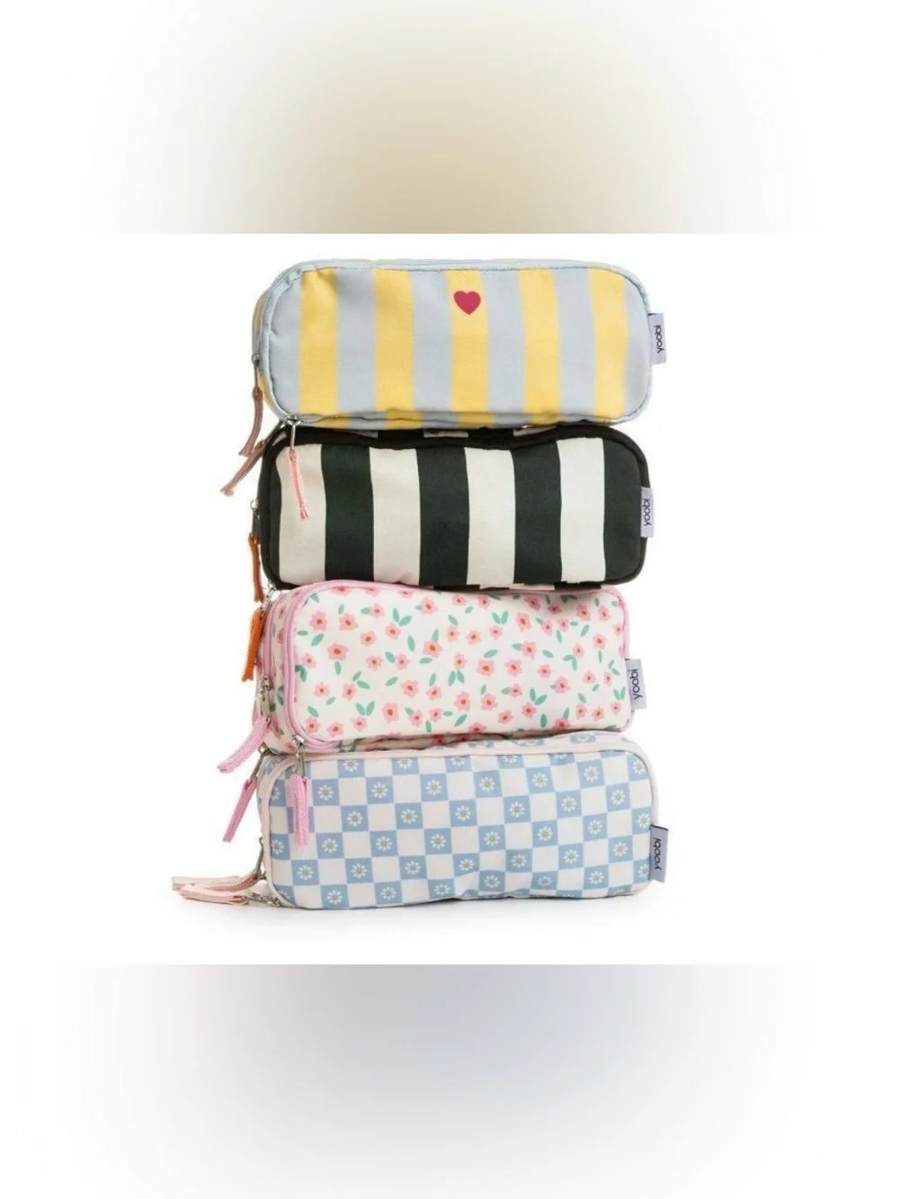 Yoobi Triple Zip Pouch - Pale Blue Daisy Checker